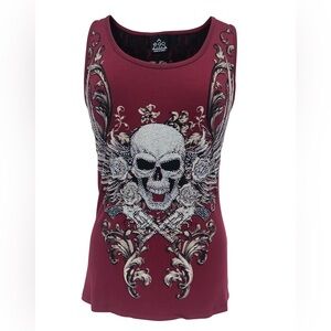NWOT EGO Womens Maroon with Rhinestones Skull and Cutout Back Tank Top Sz L
